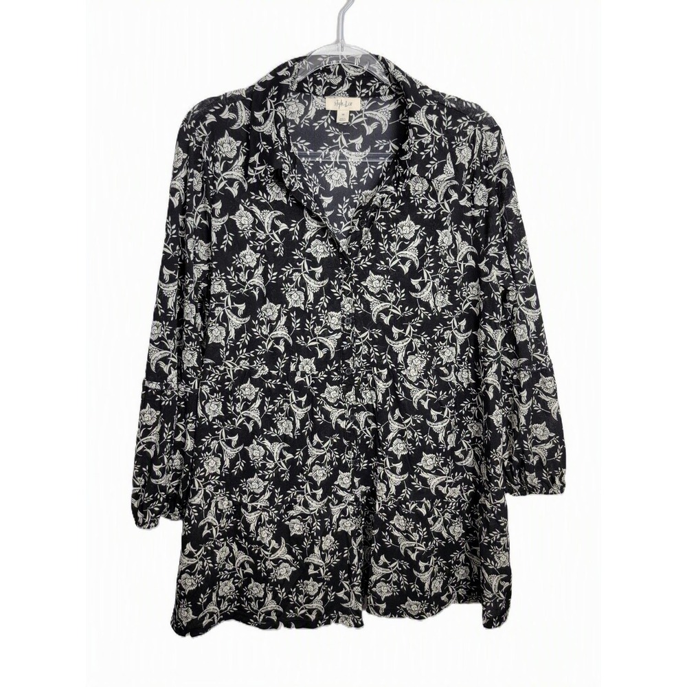 Style & Co Womens 1X Blouse Black White Floral Paisley Button Up Tunic Sheer